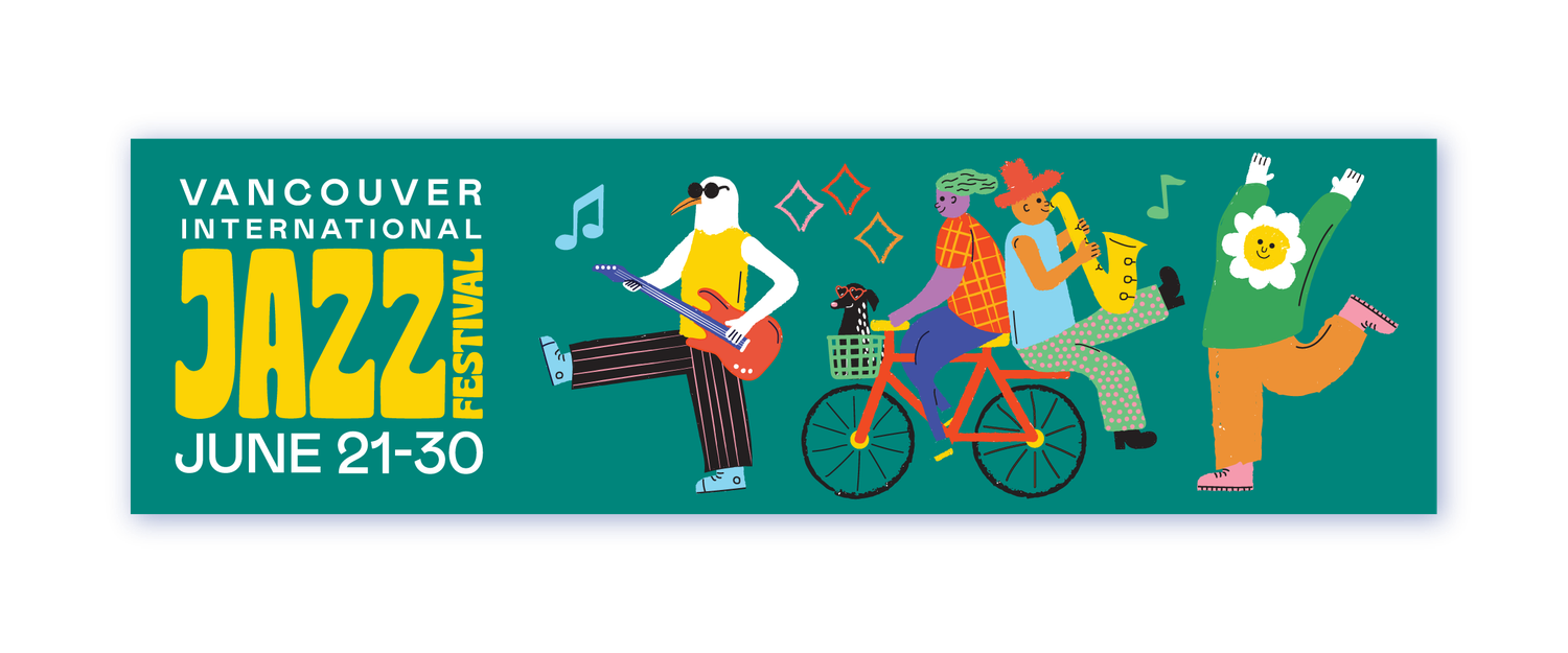 Vancouver International Jazz Festival banner with colorful illustrated musicians playing guitar and riding bicycle on teal background.