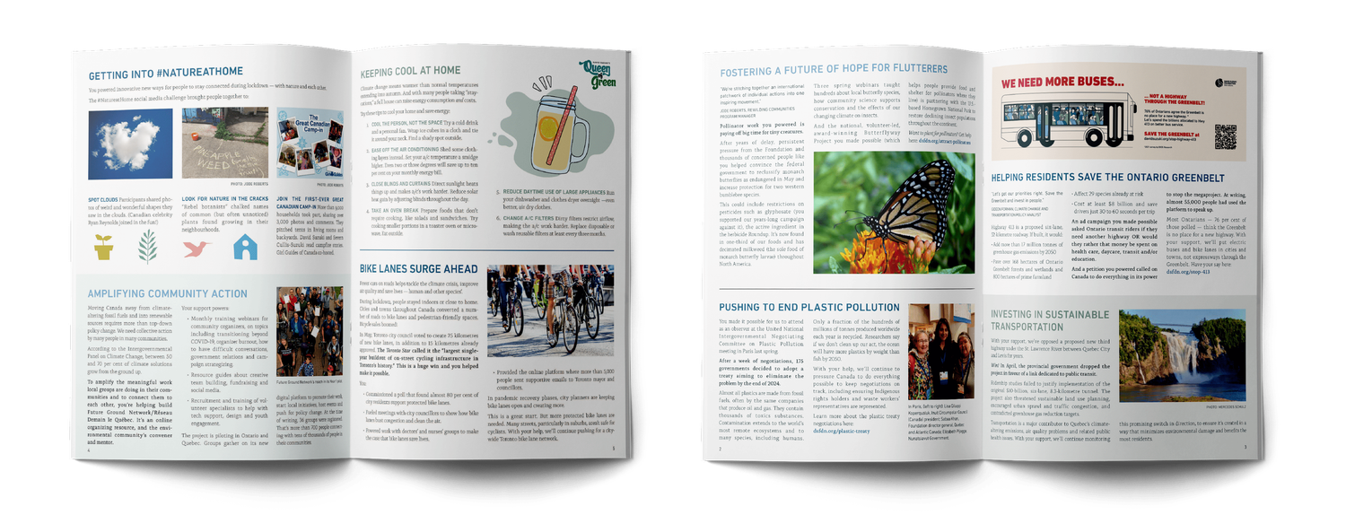 Open Finding Solutions spread featuring articles on environmental conservation with butterfly and community photos.