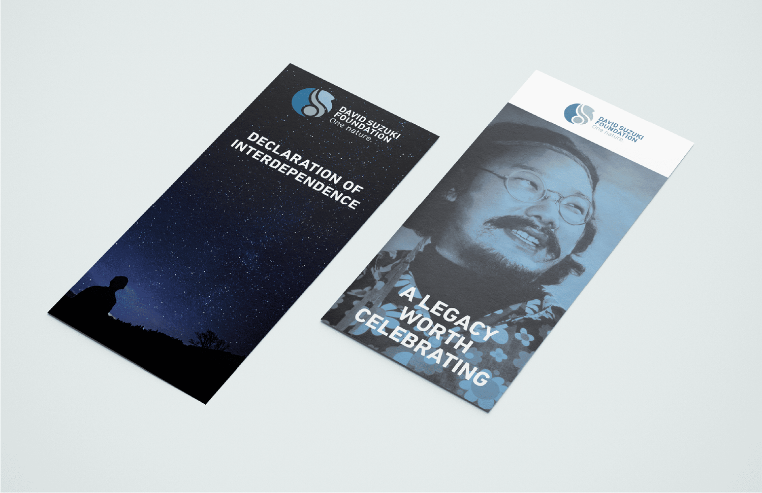 Two David Suzuki Foundation flyers featuring Declaration of Interdependence and a legacy celebration.