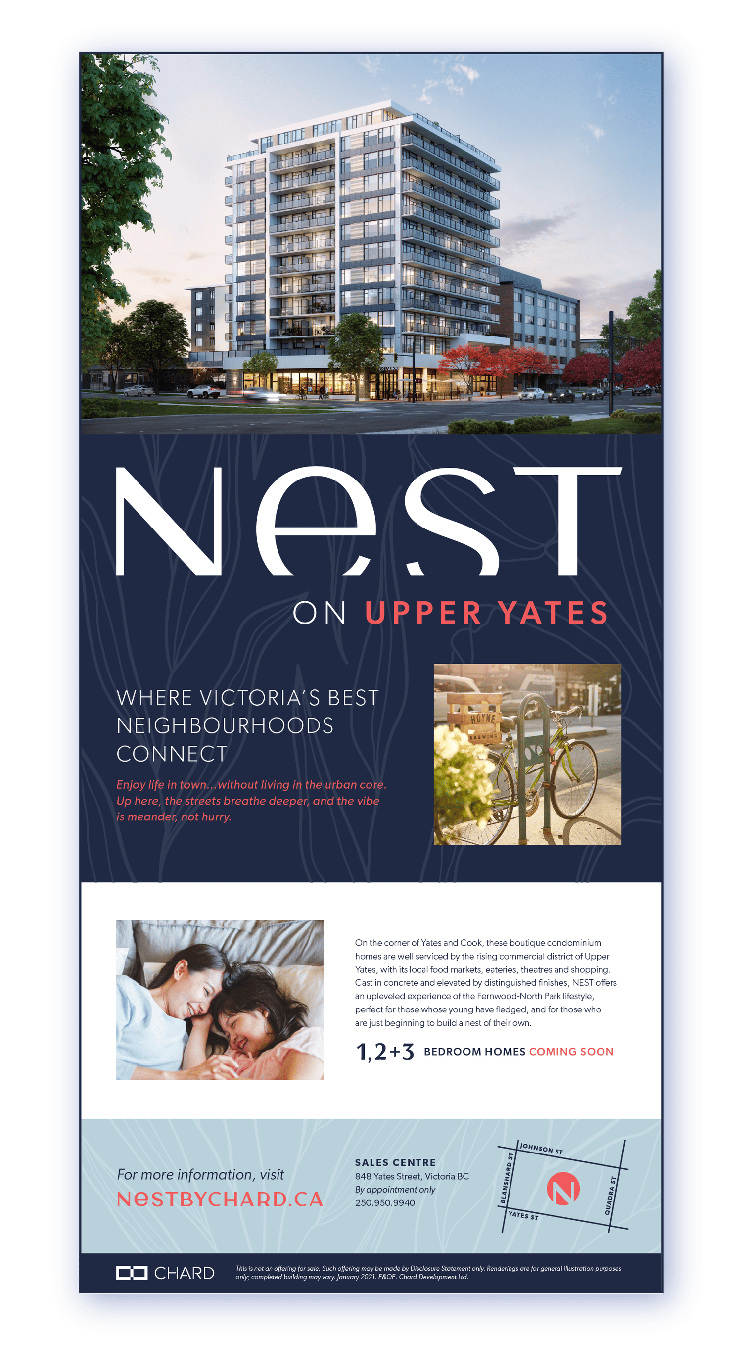 Full-page newspaper ad for Nest on Upper Yates Victoria condominiums.