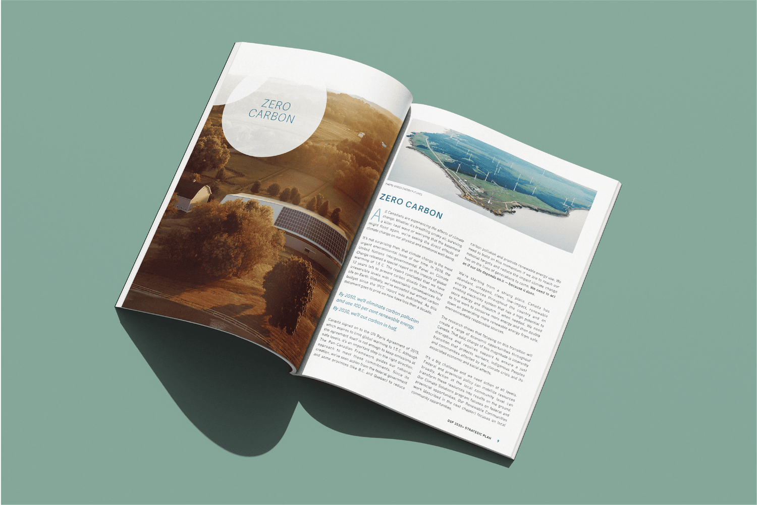 Open David Suzuki Foundation report spread displaying Zero Carbon article with aerial landscape photography on green background.
