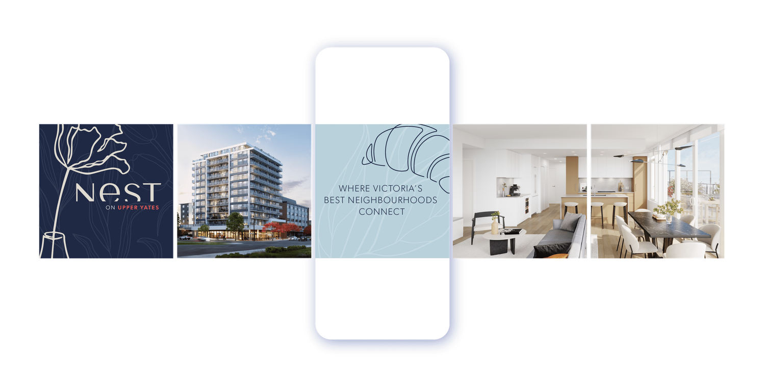 Mobile phone display showing Nest condominium marketing images including building exterior and interiors.