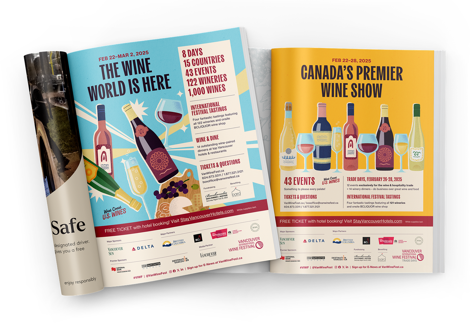Two magazine ads for the Vancouver International Wine Festival, one public-facing and the other trade-facing.