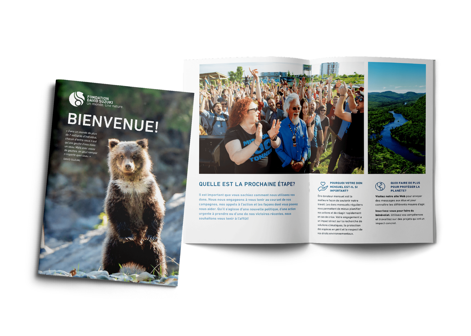 French welcome brochure featuring a bear cub cover and indoor conservation event photography inside spread.