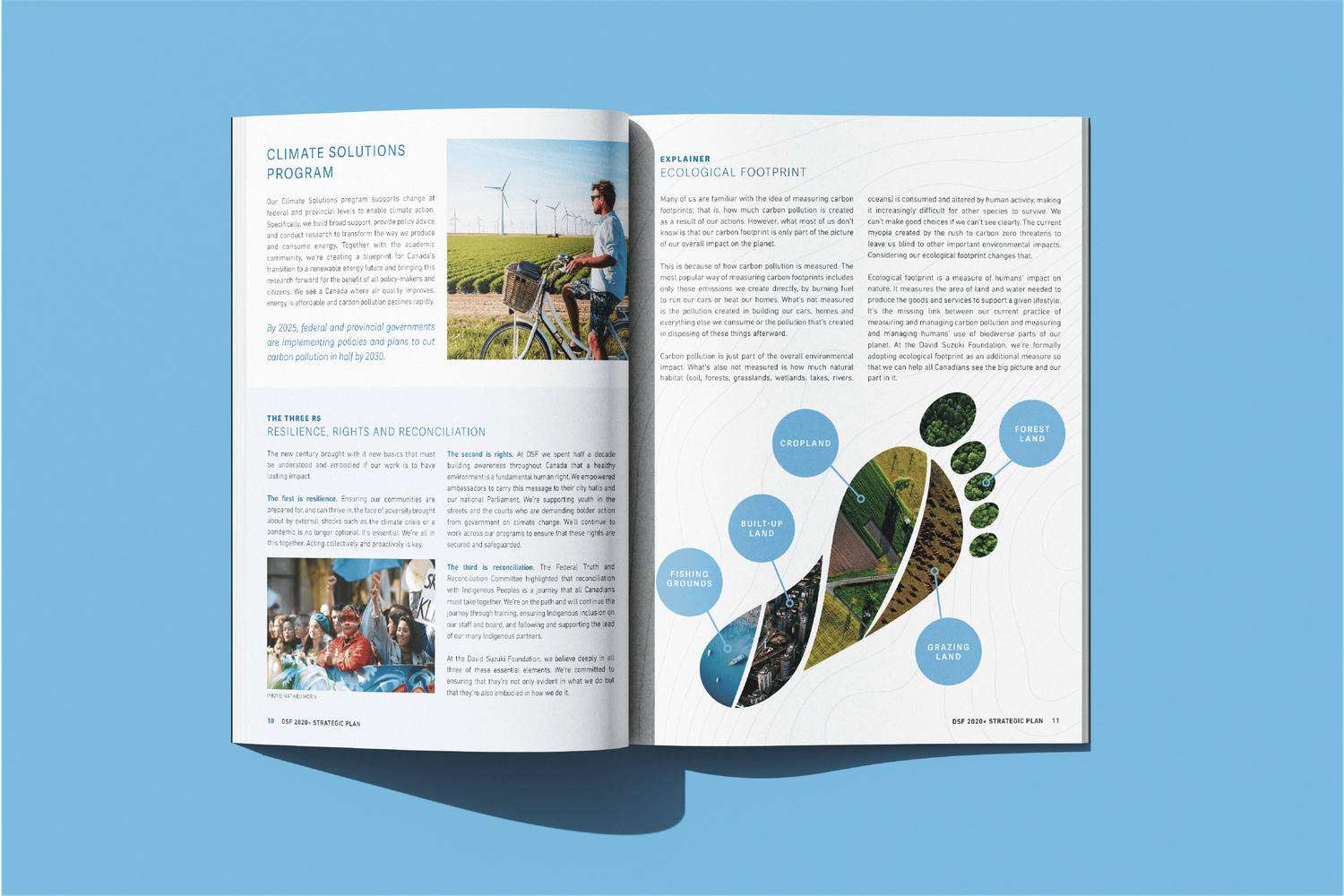 Open David Suzuki Foundation report spread showing Climate Solutions Program with carbon footprint infographic illustration.