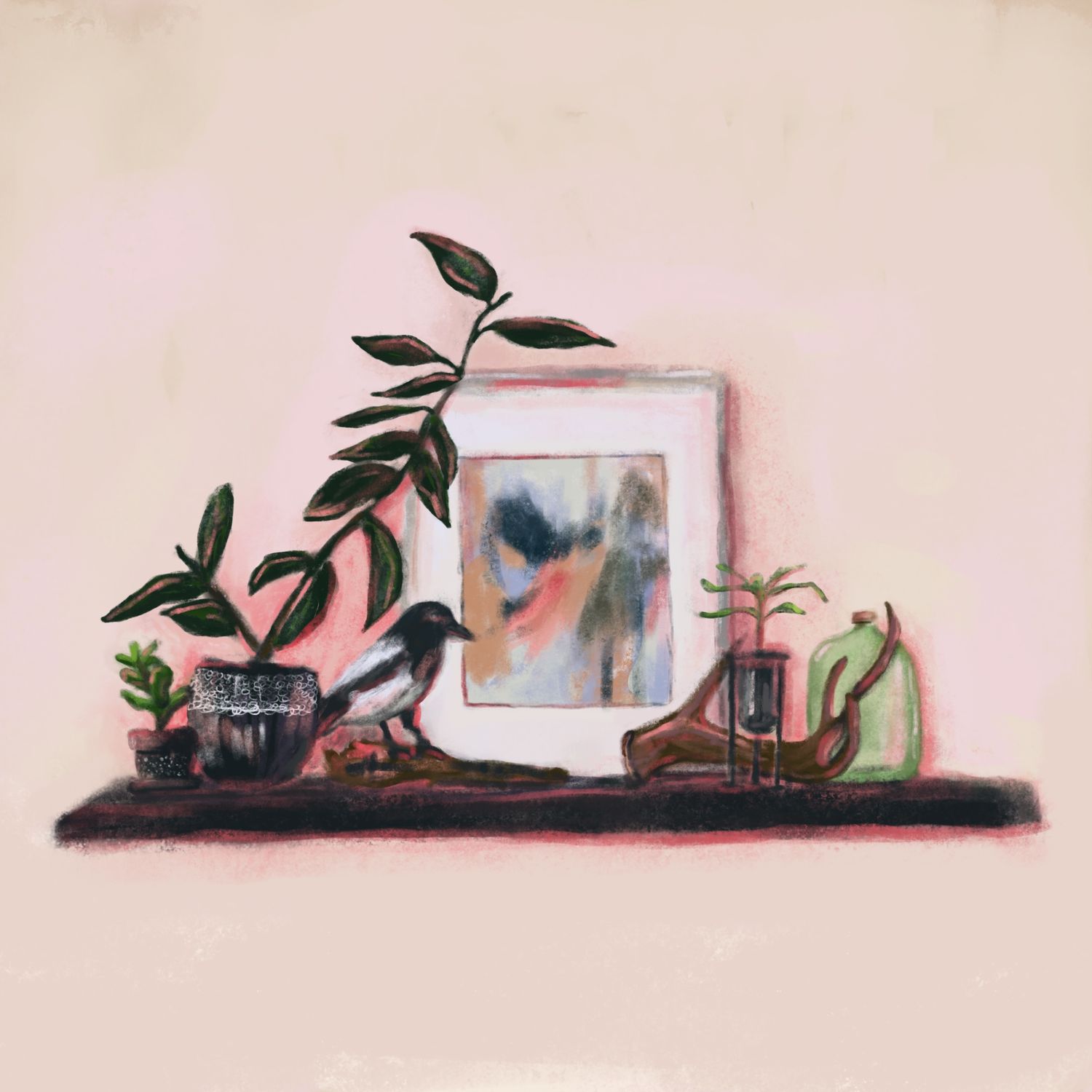 Soft pastel painting of a shelf with potted plants, a small bird, and a framed abstract artwork on pink background.