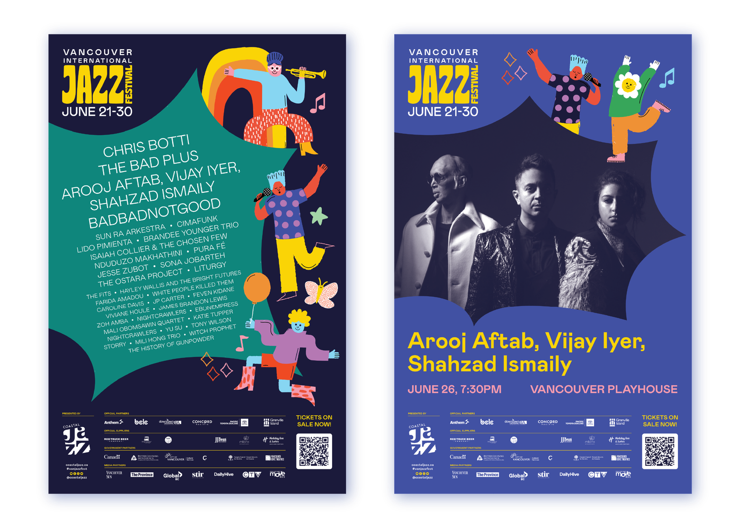 Two Vancouver International Jazz Festival posters featuring colorful illustrations and artist lineups.