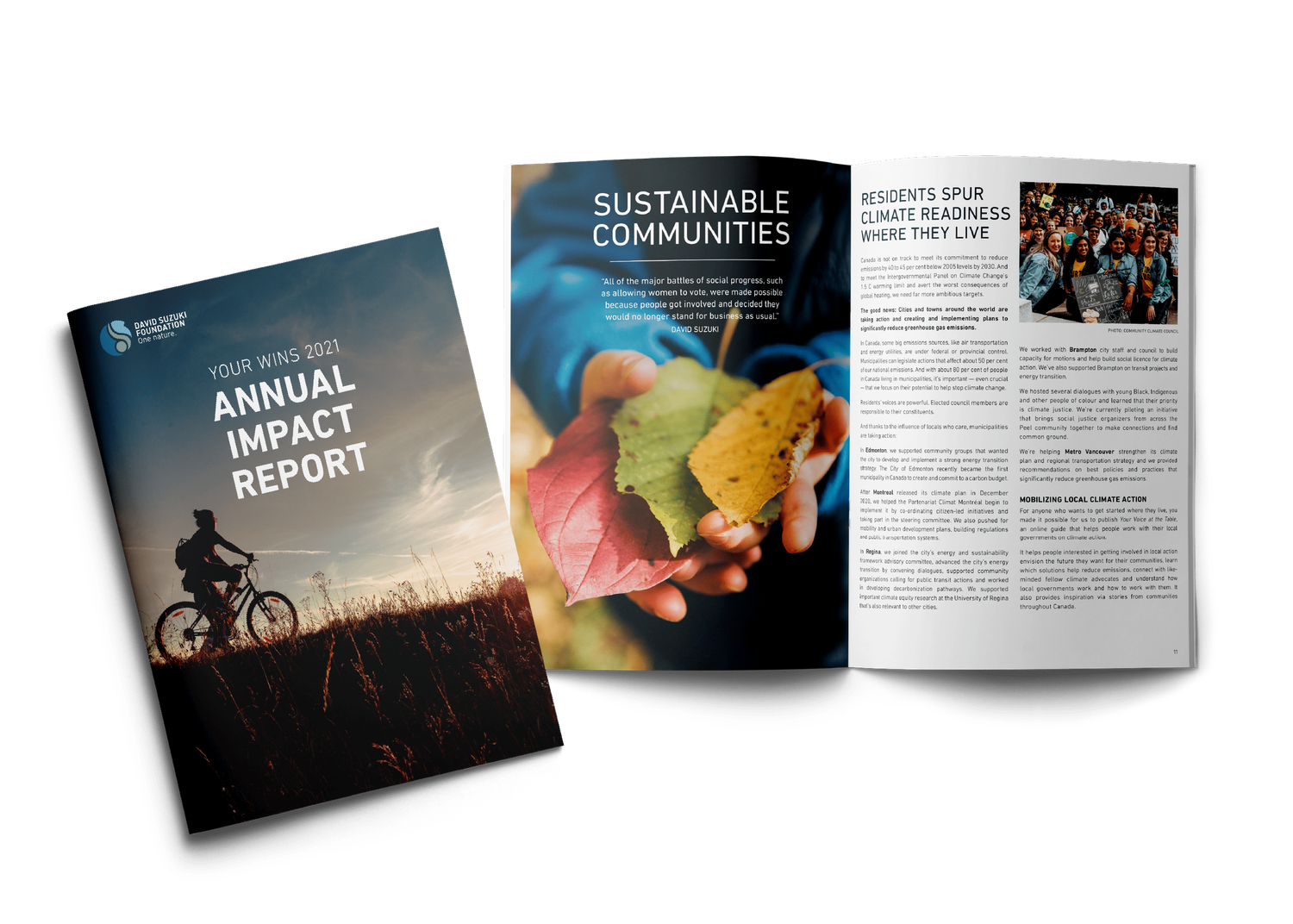 Annual impact report open to sustainable communities section with cyclist cover and hands holding autumn leaves.