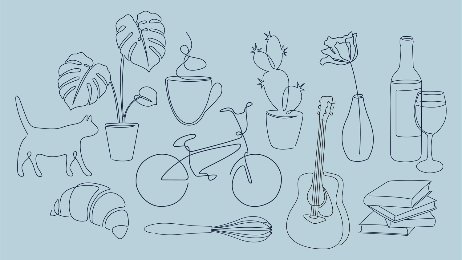 Line art illustration of lifestyle items including plants, bicycle, guitar, cat, and kitchen tools on blue.