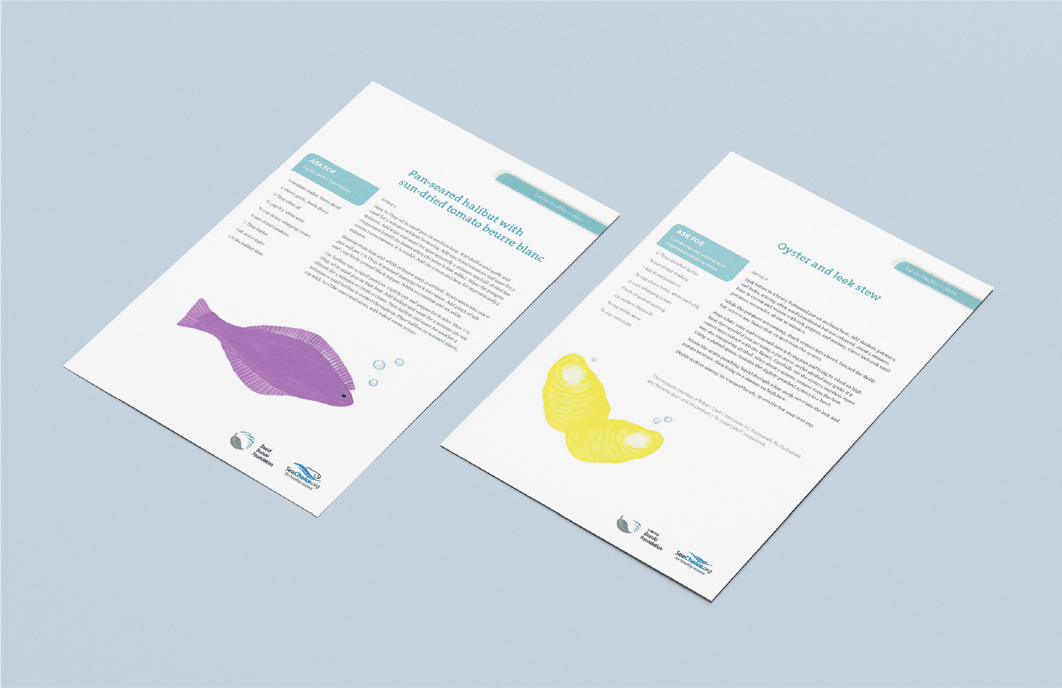 Two informational recipe sheets with colorful fish and banana illustrations on a light blue background.