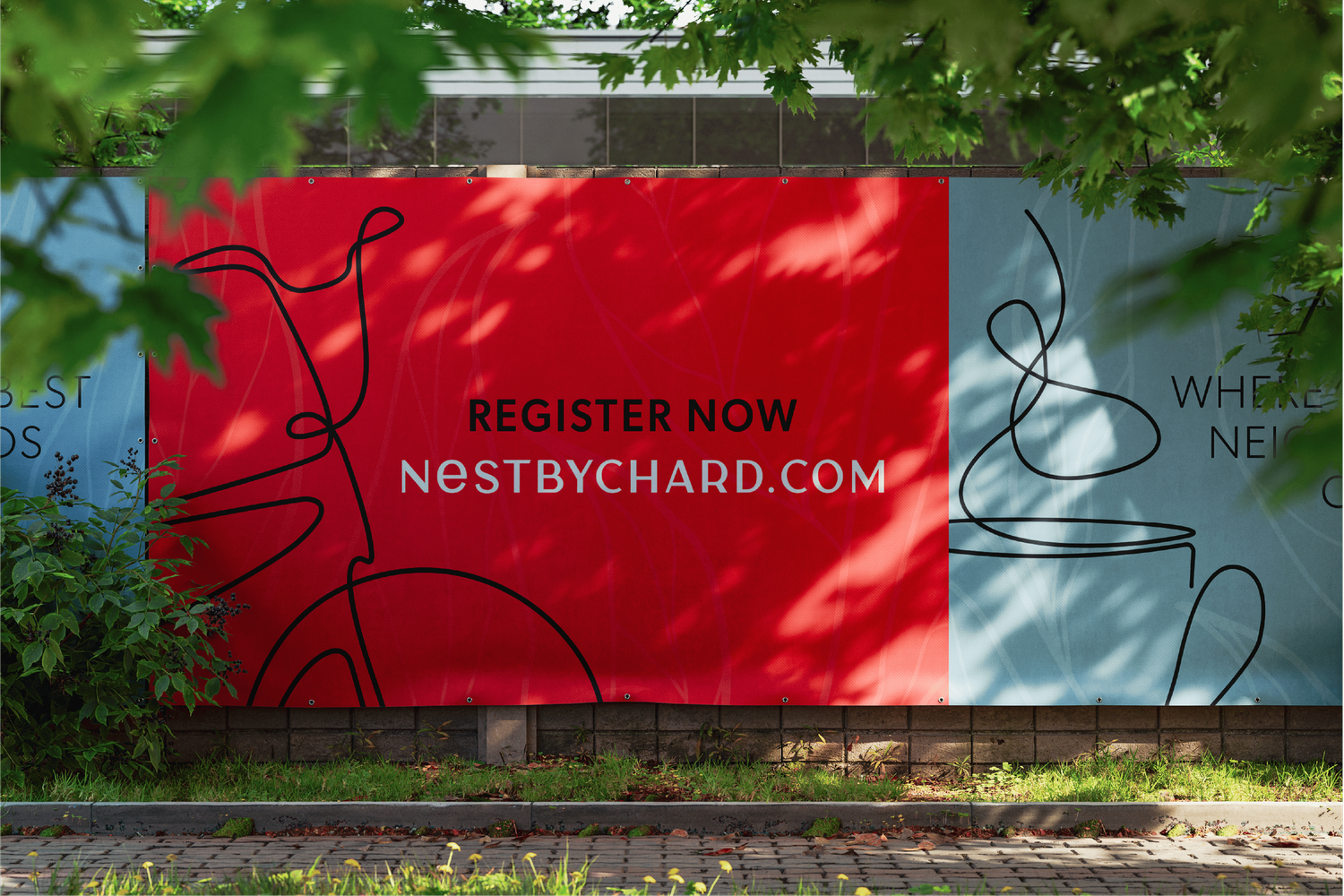 Red hoarding billboard for Nest by Chard condominiums with register now call to action and website URL.