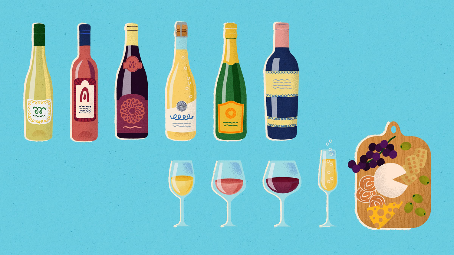 Flat vector illustration of assorted wine bottles with glasses and a cheese board on a blue background.