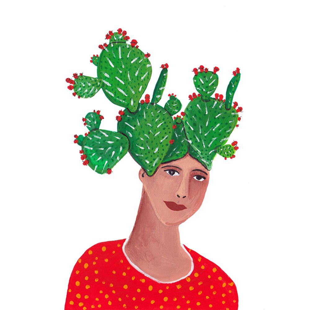 Illustrated portrait of a woman wearing a vibrant green prickly pear cactus.