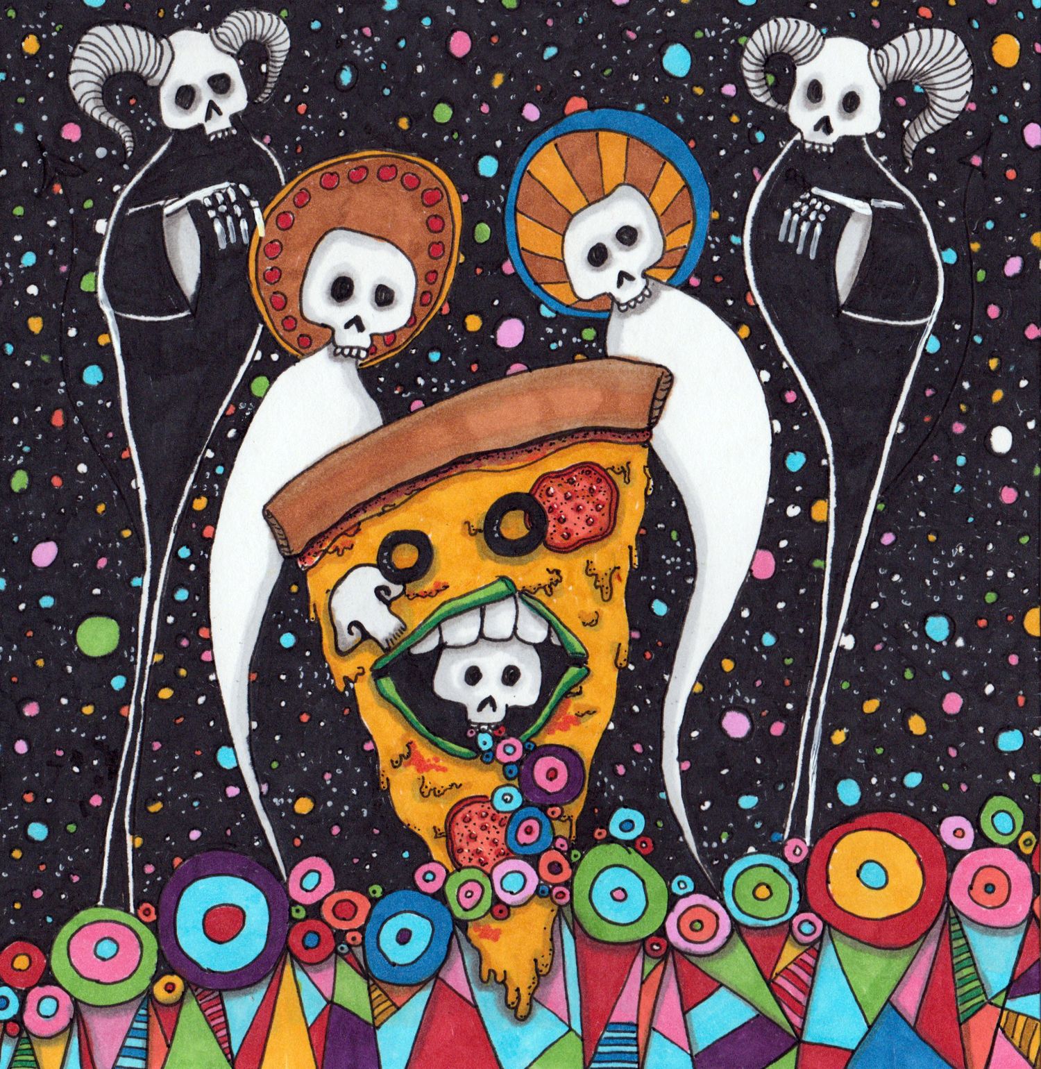 Dark surreal artwork depicting skeleton figures worshipping a pizza slice with colorful flowers.