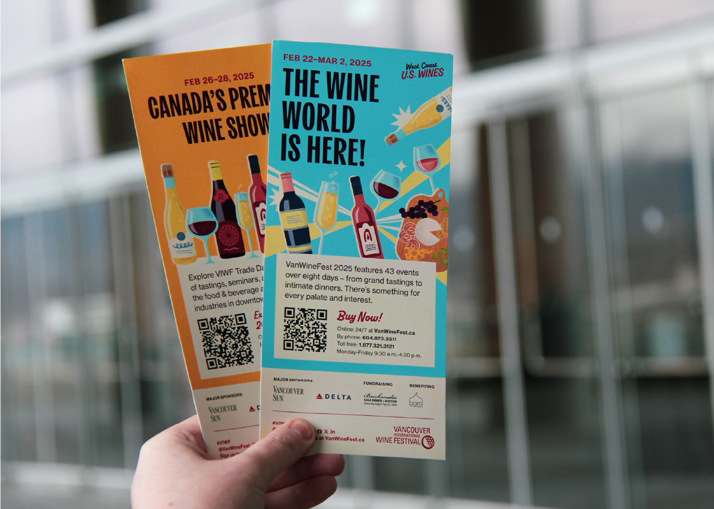 Two marketing rack cards for the Vancouver International Wine Festival featuring colorful wine bottle illustrations and bold typography.