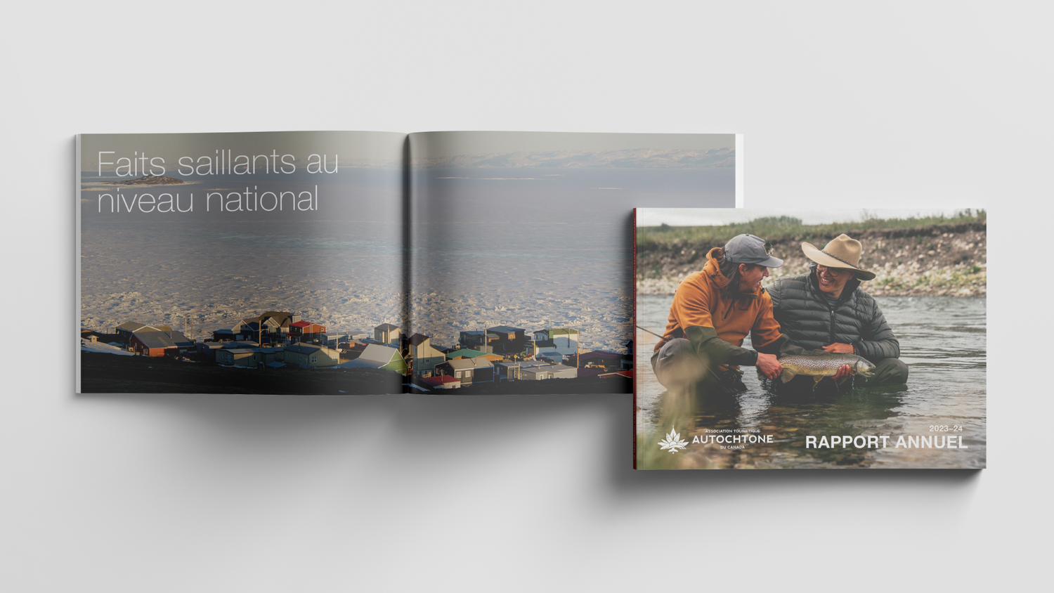 Bilingual Indigenous Tourism Canada annual report spread with French text and fly fishing photography.