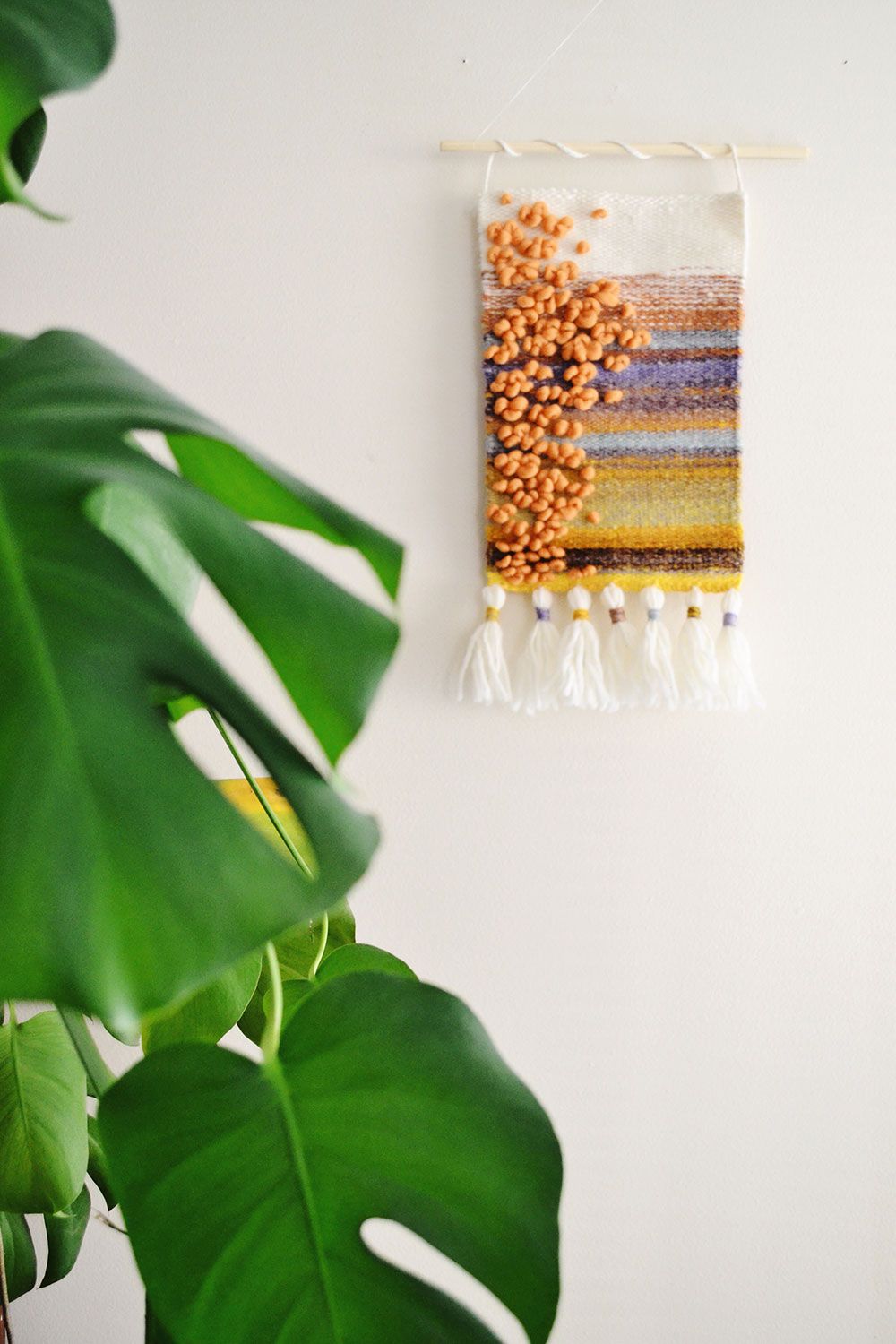 Colorful woven wall tapestry with and white tassels beside a monstera plant.