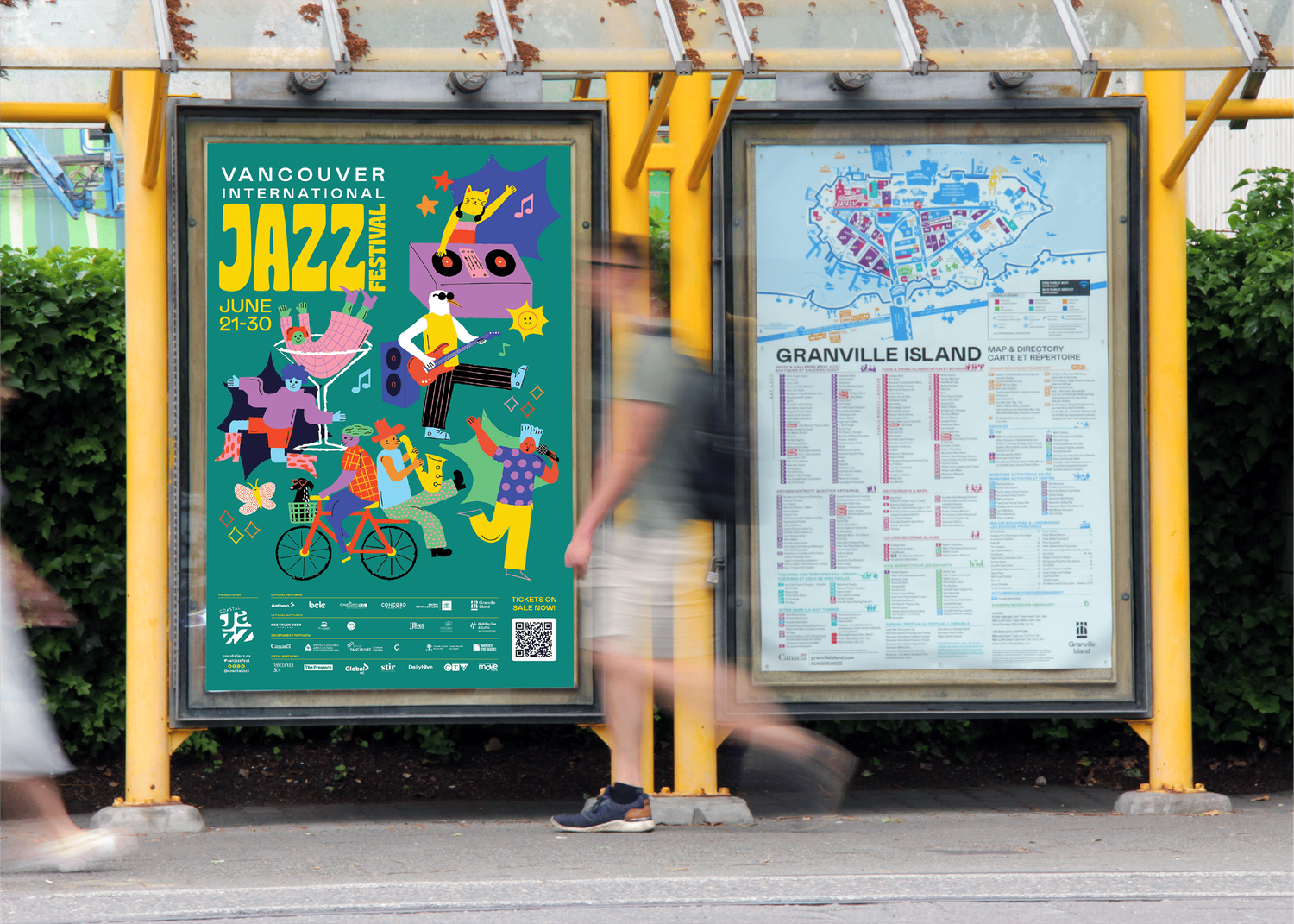Vancouver International Jazz Festival colorful poster displayed on Granville Island.
