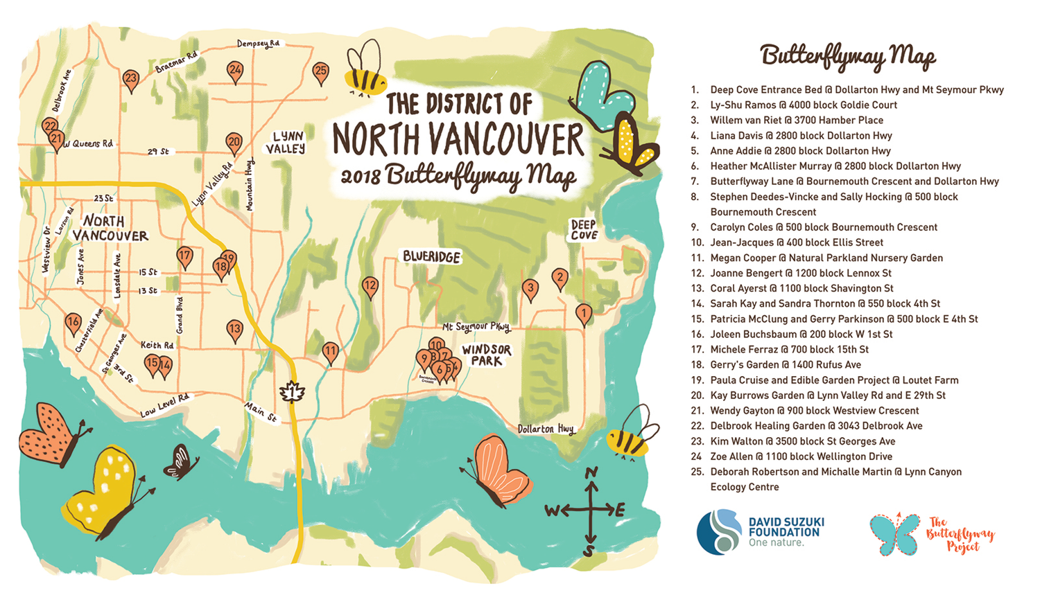 Colorful illustrated map of District of North Vancouver 2018 Butterflyway locations and participating gardens.