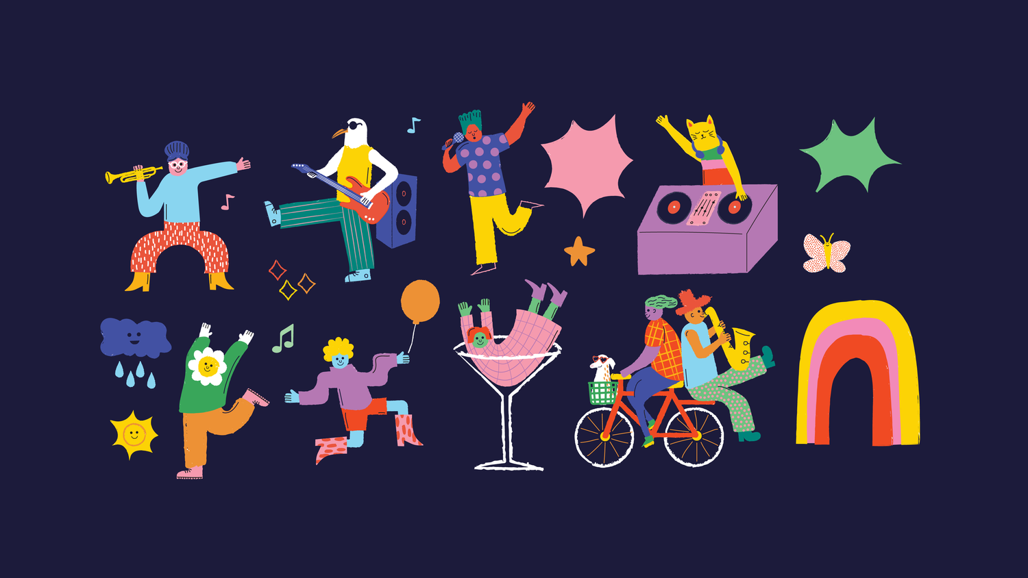 Colorful flat illustration of diverse musicians and dancers celebrating at a jazz festival with vibrant characters on dark background.