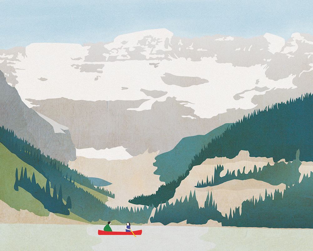 Minimalist digital illustration of two people canoeing on Lake Louise surrounded by forest.