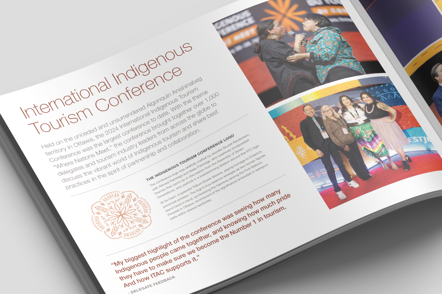 International Indigenous Tourism Conference annual report spread highlighting global indigenous tourism gathering.