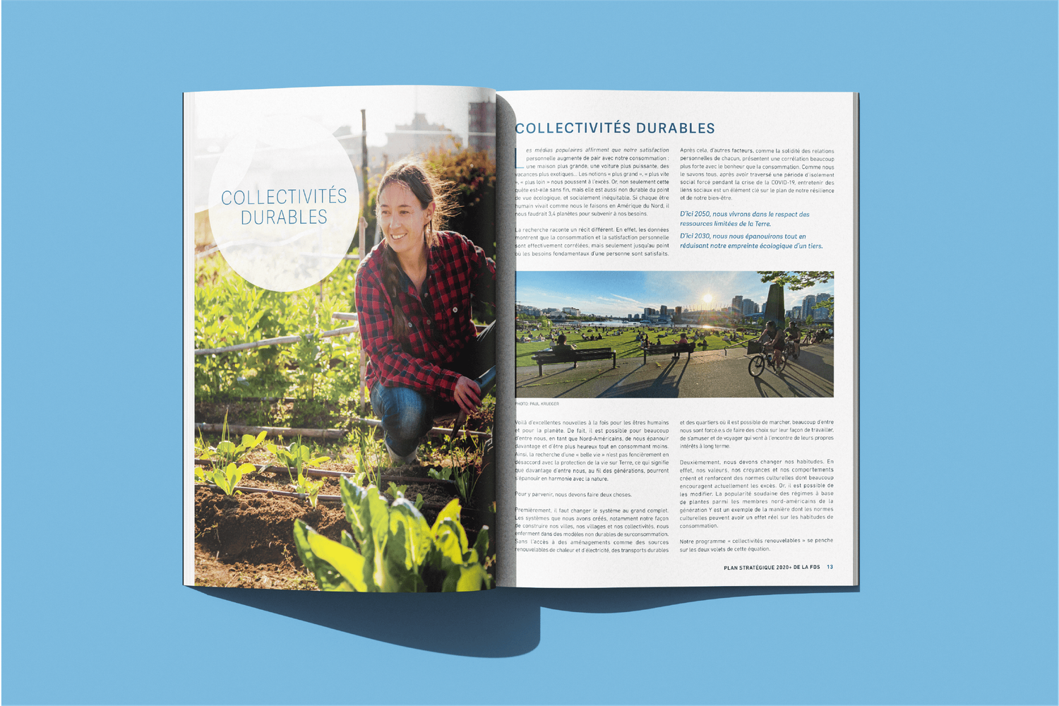Open David Suzuki Foundation report spread showing Collectivites Durables sustainable communities article with garden photography.
