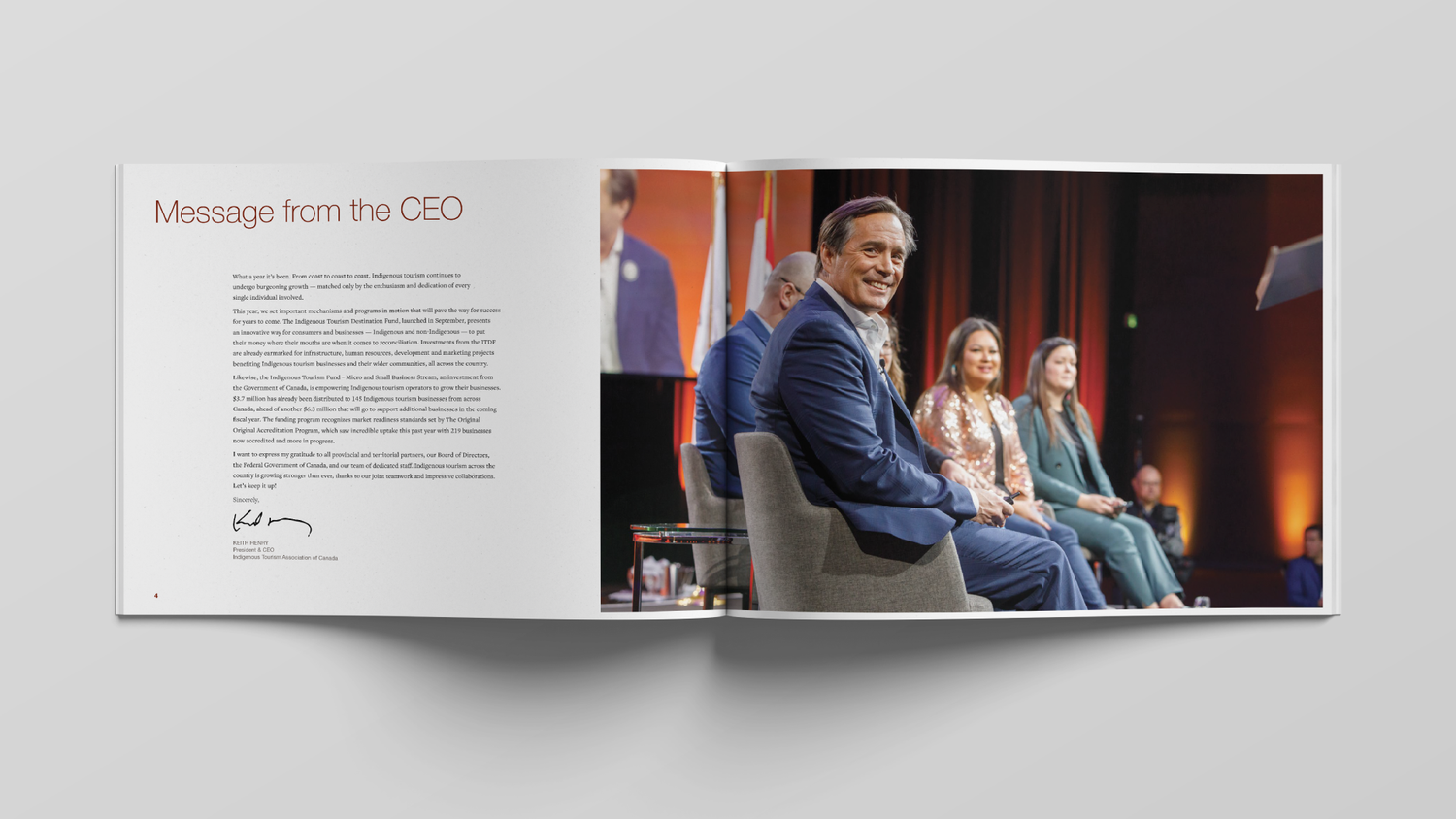 Indigenous Tourism Canada annual report CEO message page with executive panel discussion photography.
