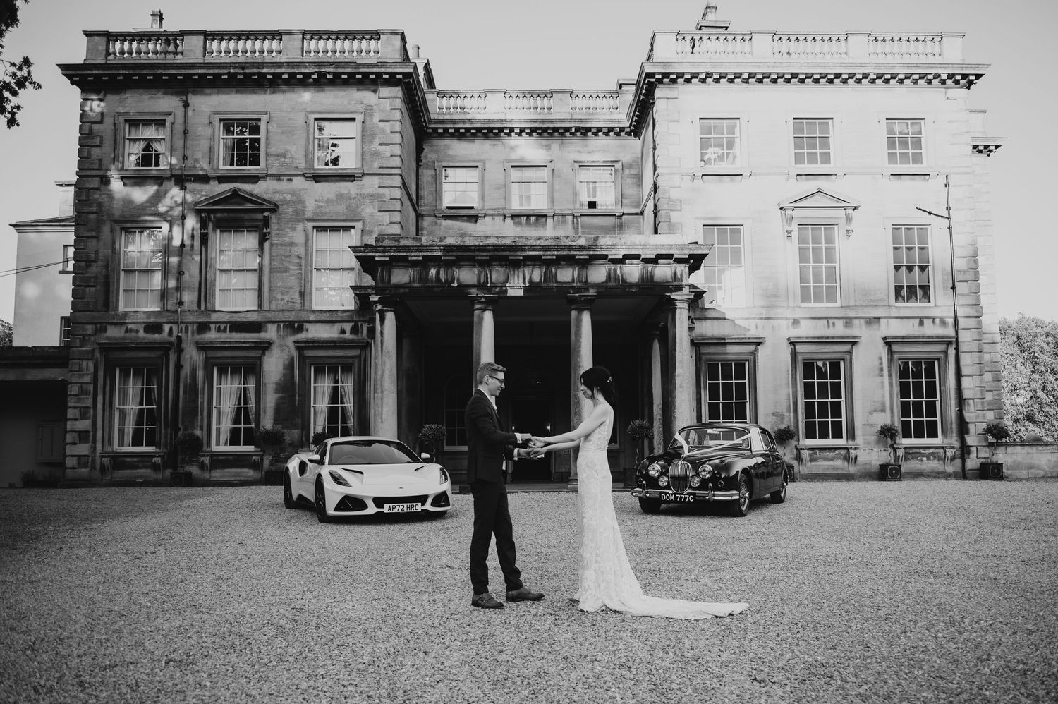 Historic black and white photographs showing exterior views of a grand English country house and its grounds with vintage cars.