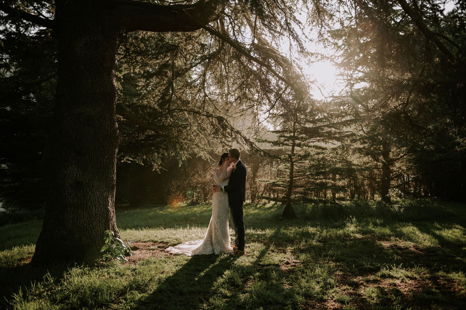 A couple stands amid sunlit trees casting long shadows during a romantic forest wedding photoshoot.