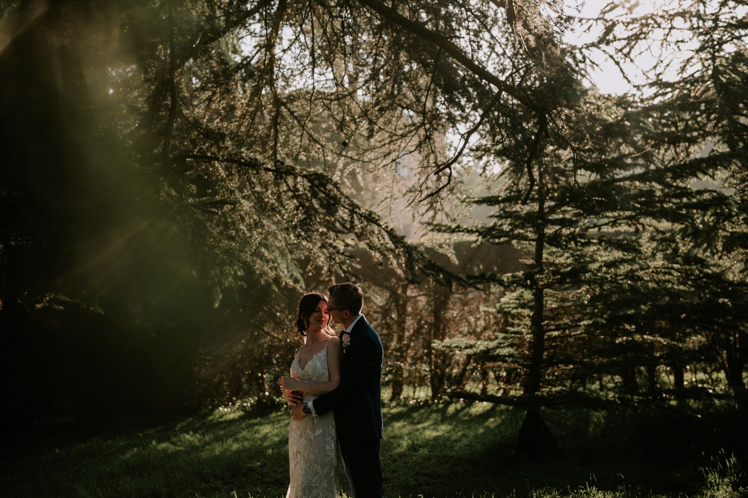 A couple embraces in a moody garden setting with sunlight streaming through trees creating a romantic atmosphere.
