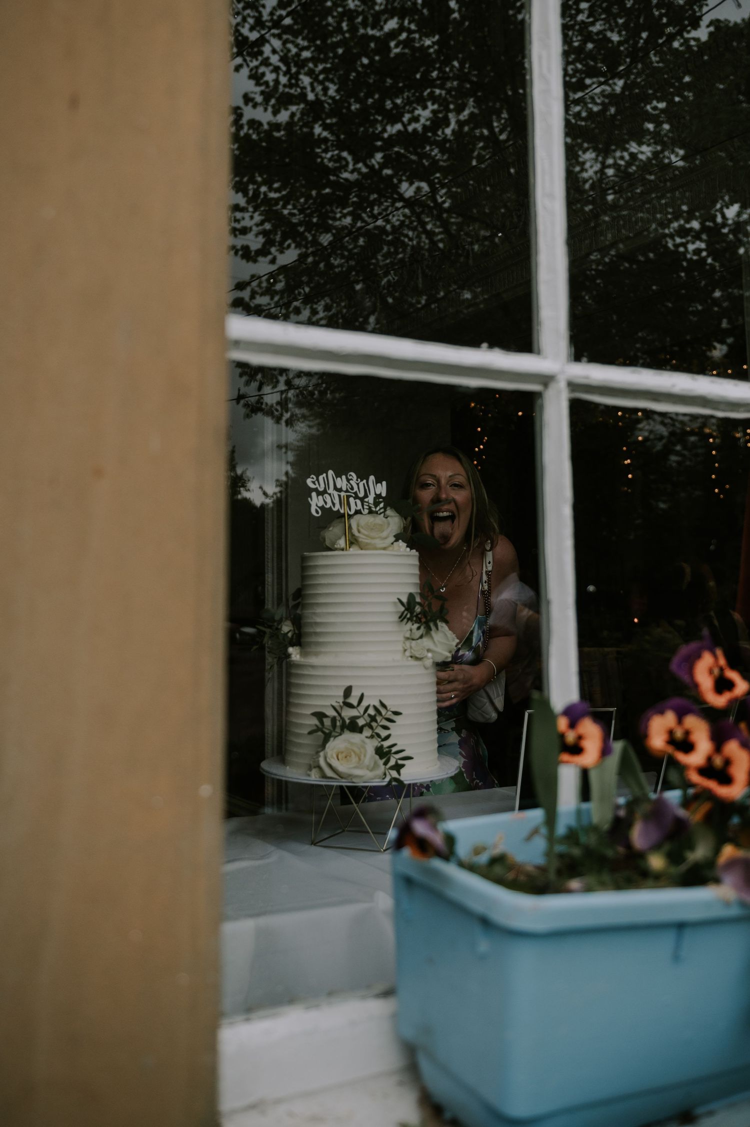 A sequence of images showing increasing motion blur through window panes with blue flowerpots and orange decorations visible.