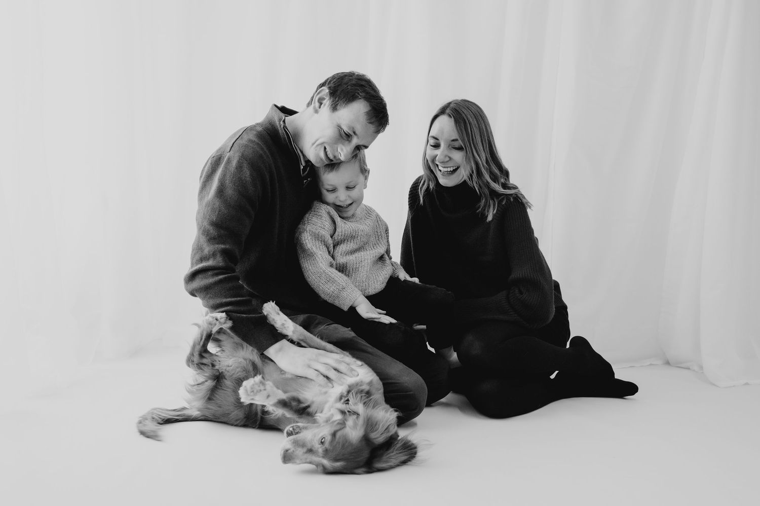 Family laughing at dog on back playing, black and white image, studio, Melton Mowbray.