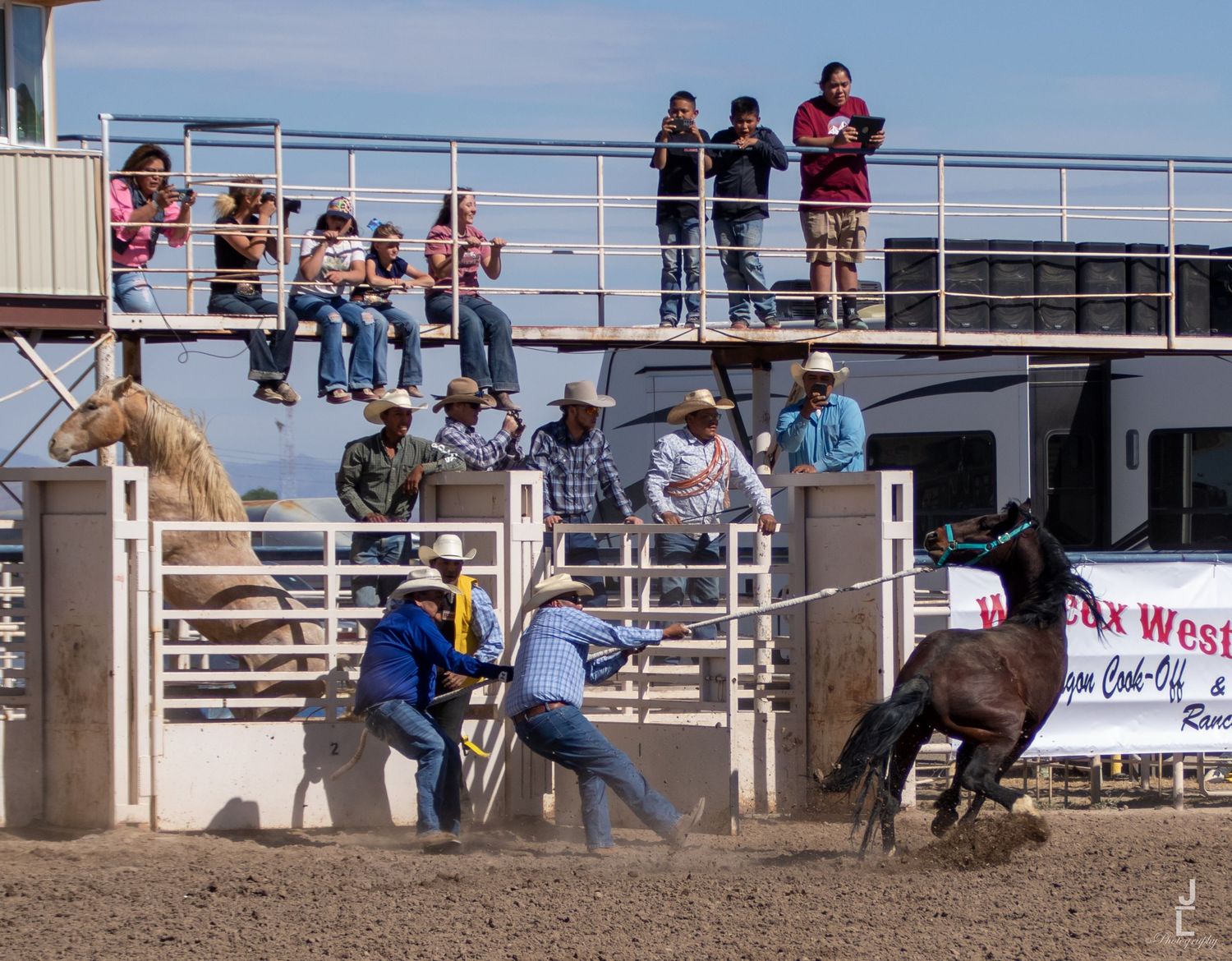 Cowboys wrestle a bucking black horse in a rodeo arena while spectators watch from elevated stands.