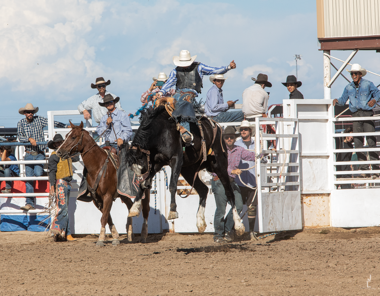 Cowboy riding a bucking black horse during a saddle bronc rodeo competition event.
