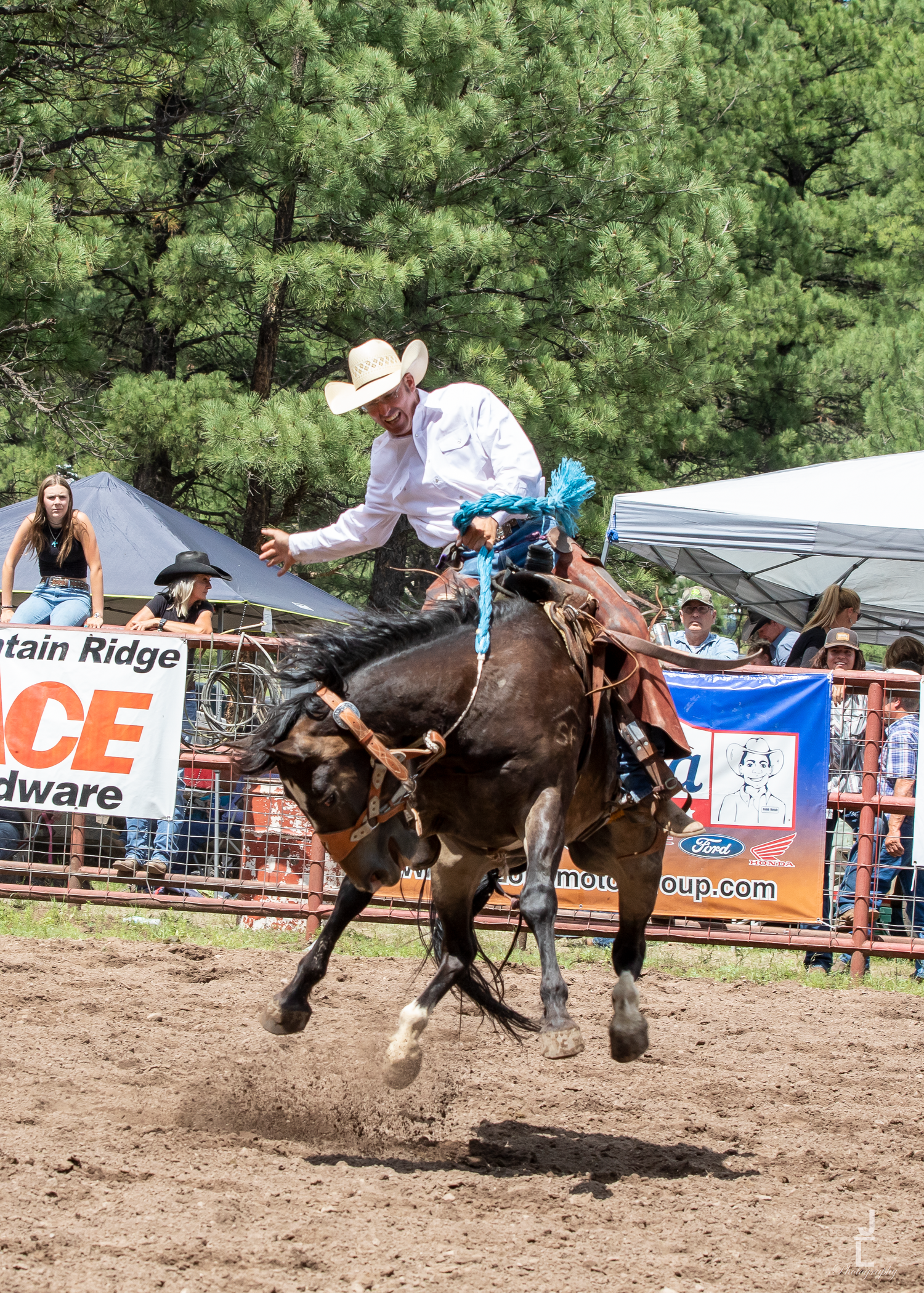 Cowboy in white hat and shirt competes on bucking bronco at outdoor rodeo event.