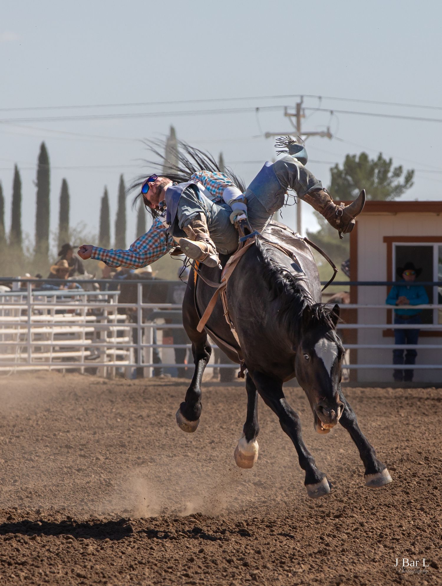 Cowboy being thrown from a bucking bronco during a rodeo competition in a dusty arena.