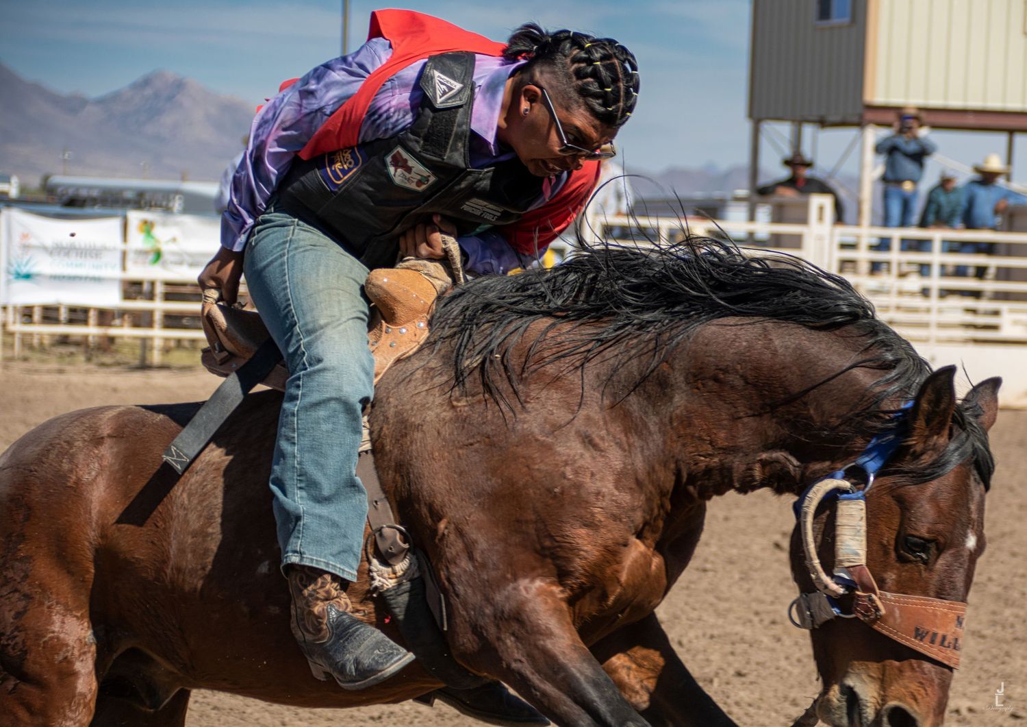 African American rodeo rider grips a bucking brown horse during an intense bronc riding competition.