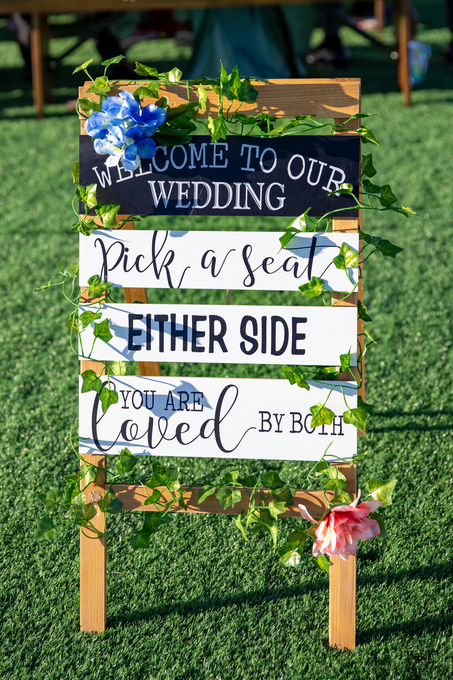 Rustic wooden wedding welcome sign with ivy decor reading Pick a Seat Either Side.