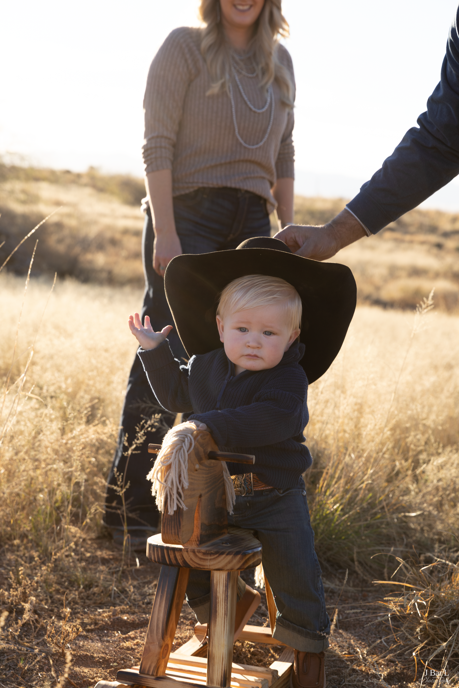 Blonde toddler in a cowboy hat sitting on a wooden rocking horse in a golden field.