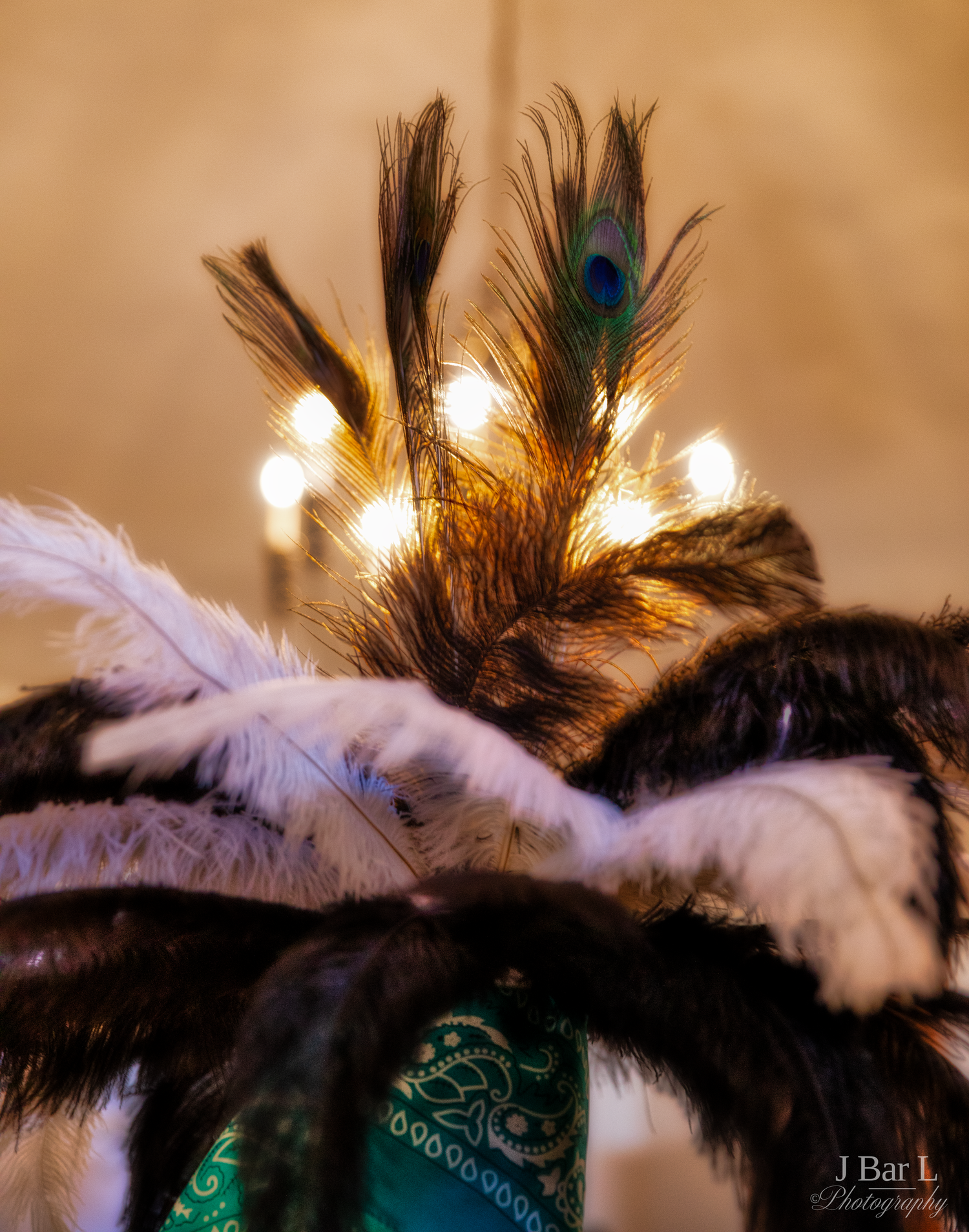 Close-up of a decorative hat adorned with peacock feathers and glowing fairy lights.
