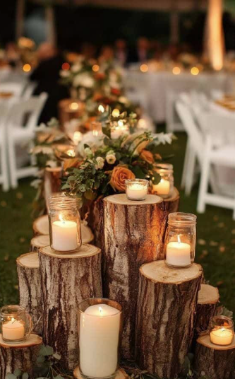 Romantic rustic wedding aisle lined with tree stumps and glowing candles at dusk.