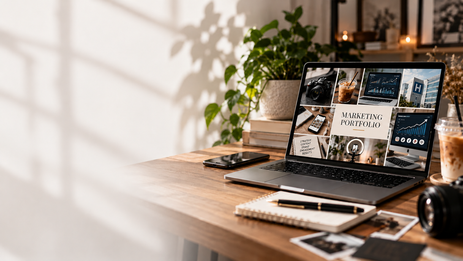 A laptop displaying a marketing portfolio website sits on a wooden desk with plants, notebooks, and a camera nearby.