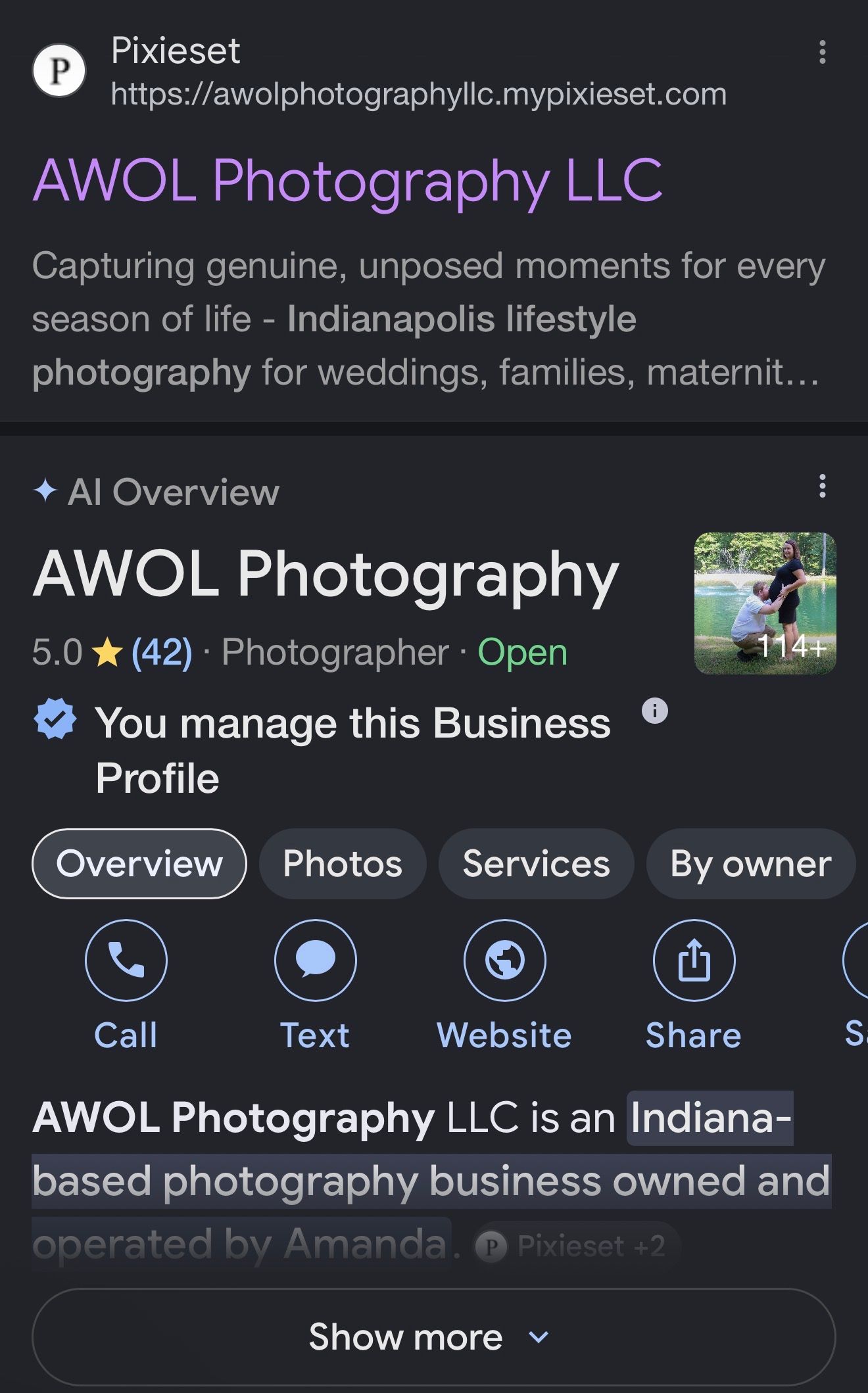 Google search results showing AWOL Photography LLC, an Indianapolis lifestyle photographer with a 5.0 star rating and 42 reviews.