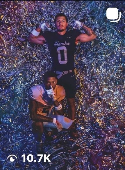 Two football players in Hawks uniforms pose dramatically on a shiny metallic confetti background, with 10.7K likes.