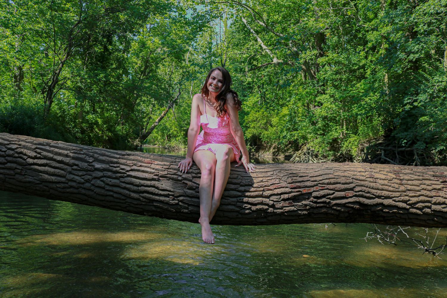 Woman in pink outfit sitting on a fallen log over a serene creek surrounded by lush green trees.