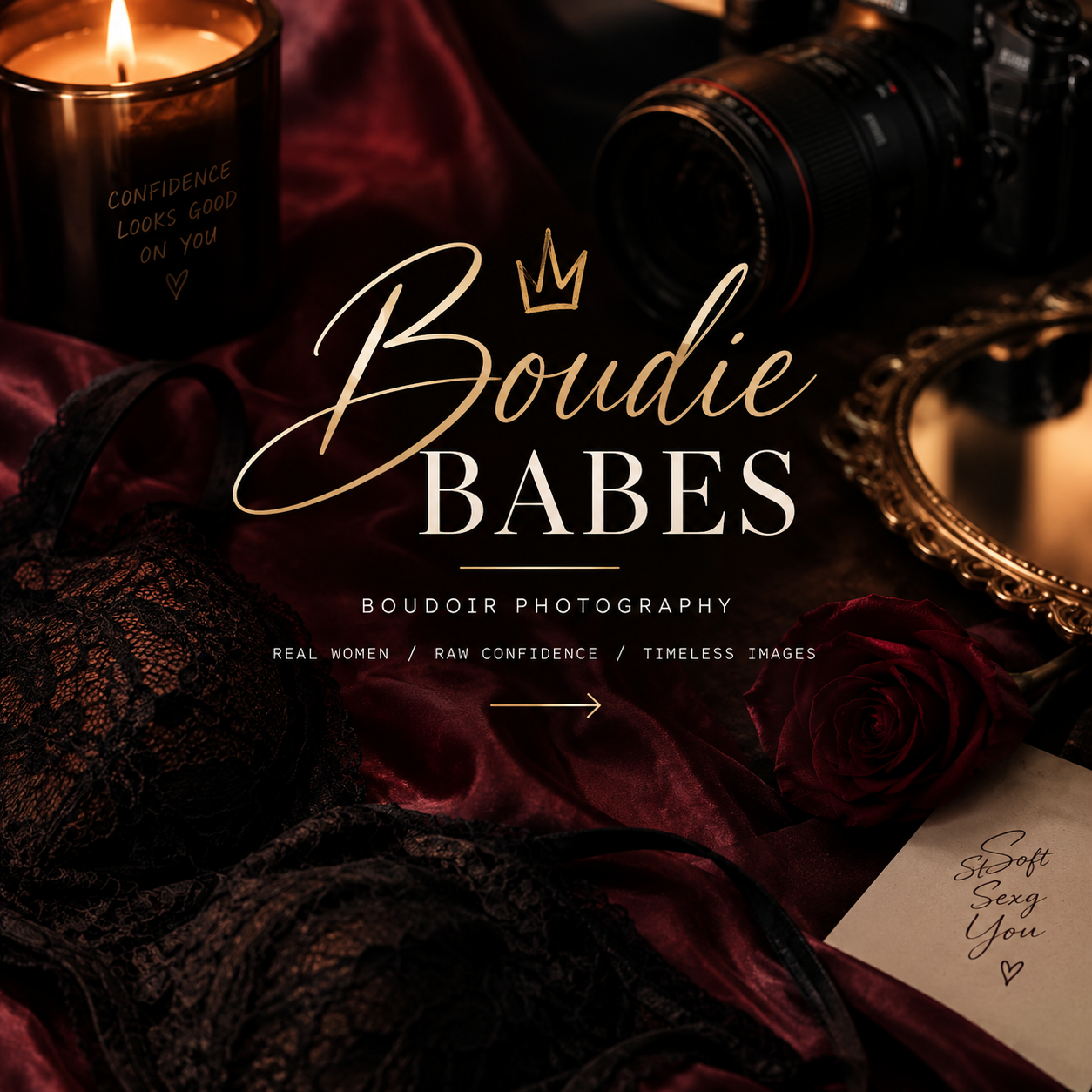 Boudie Babes boudoir photography logo over a moody scene of lace lingerie, red velvet, a lit candle, camera and gold mirror.