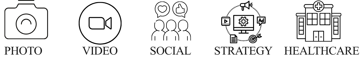 Five minimalist icons representing photo, video, social, strategy, and healthcare services for a digital agency.