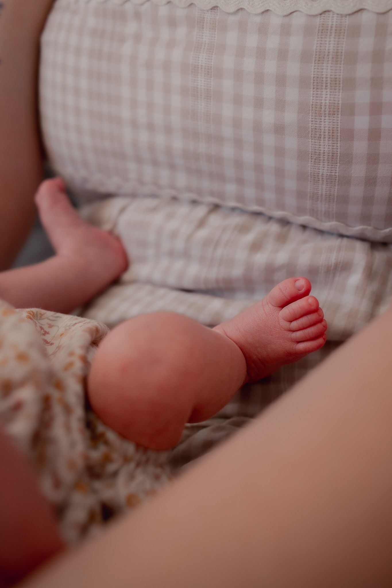 Close-up of tiny newborn baby feet resting on a soft gingham fabric blanket for a Newborn Photoshoot in Wedmore, UK.