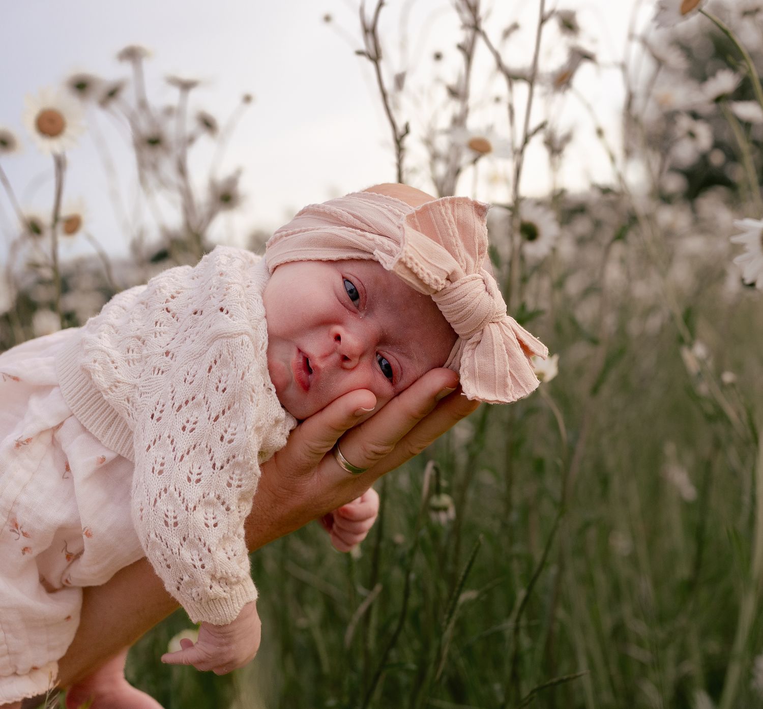 A newborn baby in a pink knit outfit and bow headband is gently cradled in an adult's hand among wildflowers.